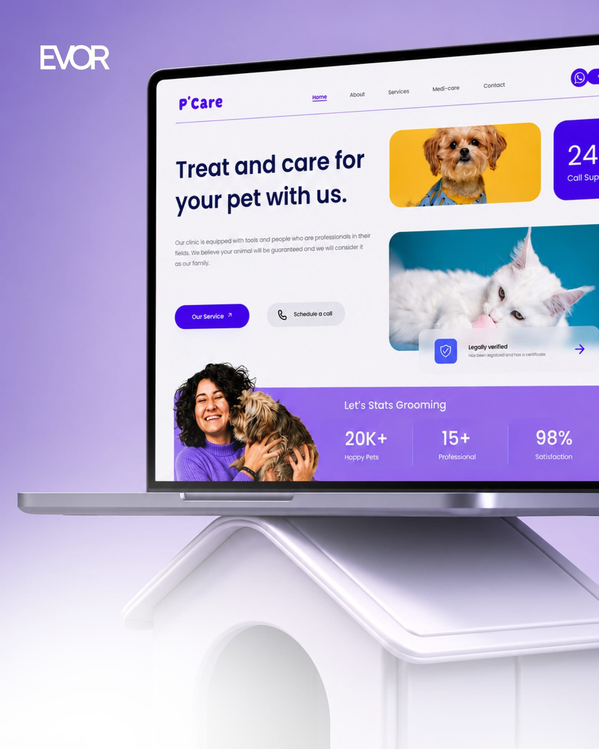 P'Care cover: the clinic home page on a laptop, set against the brand's purple.