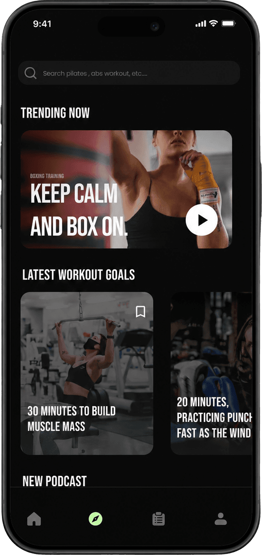 Fitseek workout discovery screen with trending sessions.
