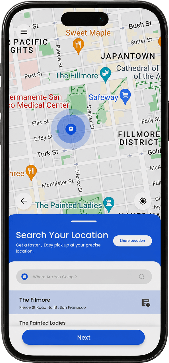 LuxDrive ride booking screen with location selection.