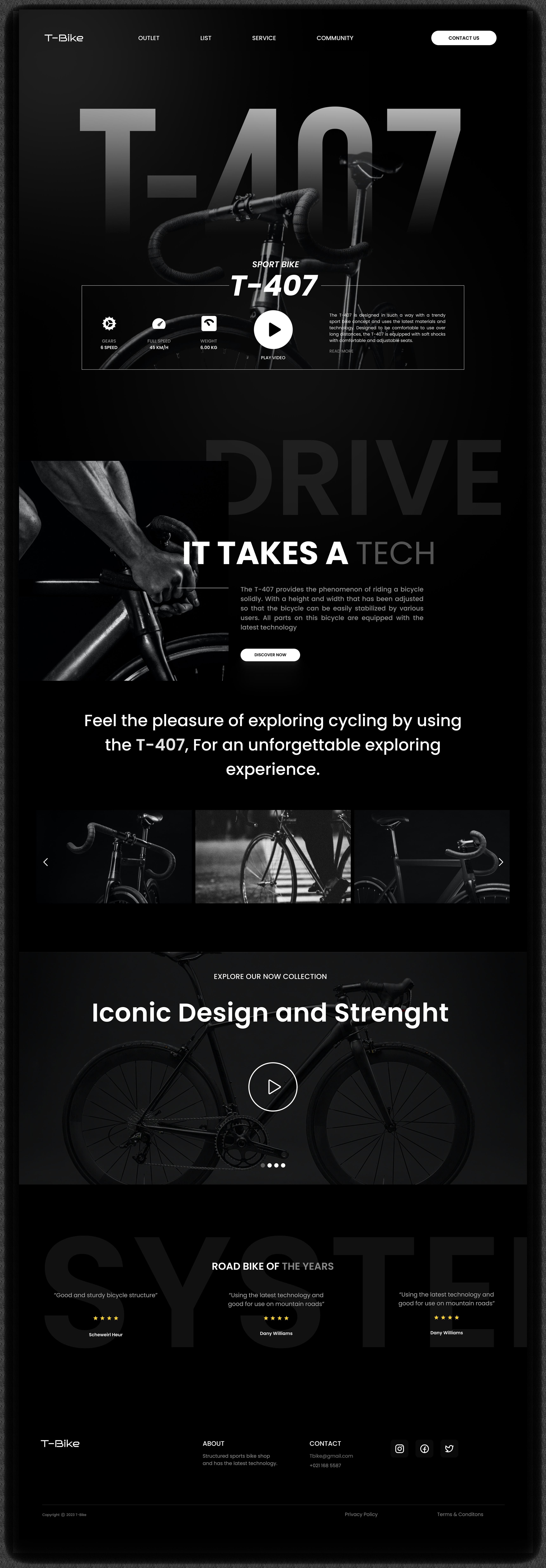 The complete T-Bike product page, from the T-407 hero and its specification through the technology section, the collection, testimonials and the footer.